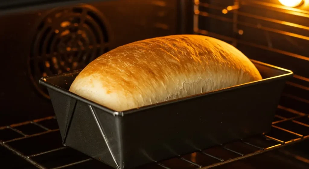 Sandwich bread recipe loaf baking in the oven with golden crust.