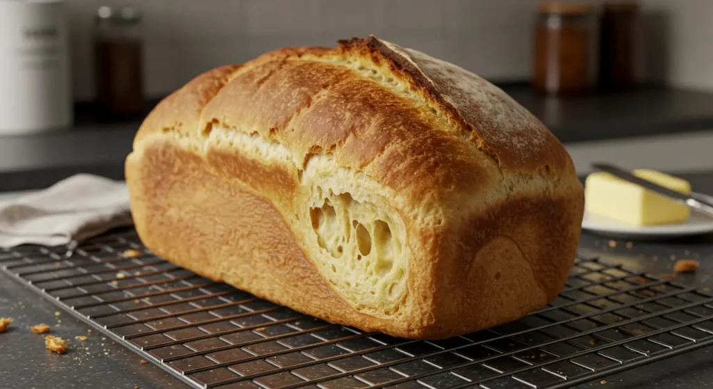 Finished loaf of sandwich bread recipe on wire rack.