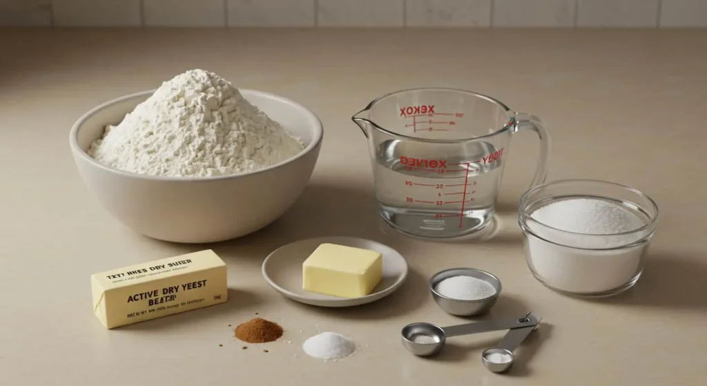 Fresh ingredients for sandwich bread recipe: flour, yeast, butter, sugar, salt, and warm water.