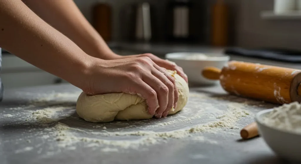 Kneading dough for sandwich bread recipe on a floured countertop.