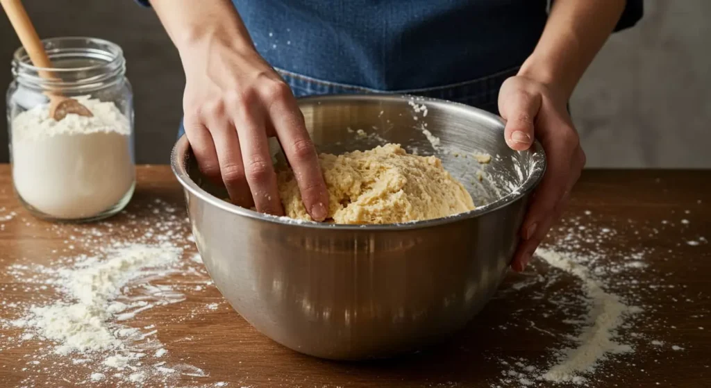 Mixing the dough for sandwich bread recipe in a large bowl.