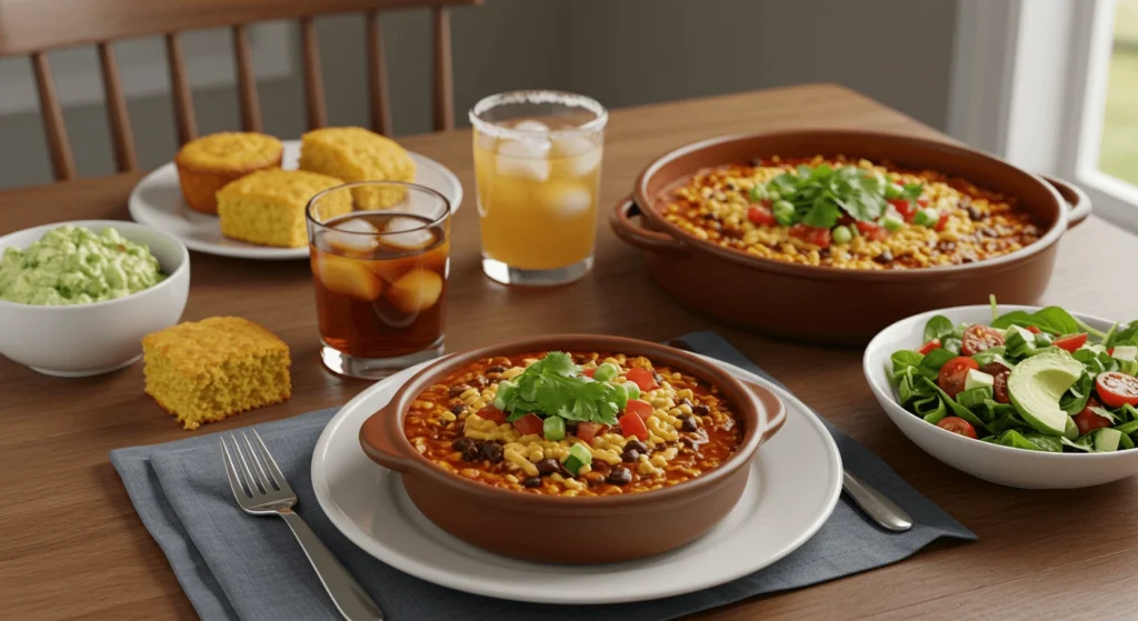 Taco Soup Frios Recipe served with cornbread, avocado salad, and iced tea for a complete meal"
