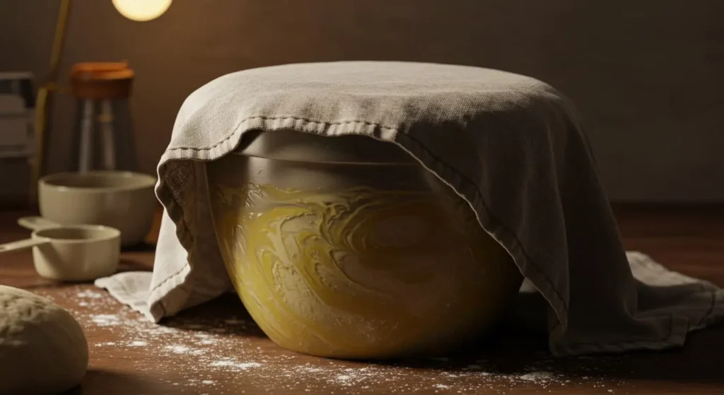Dough proofing in a greased bowl for sandwich bread recipe.
