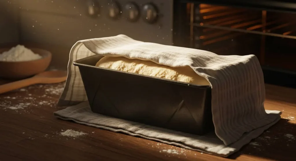 Dough proofing in loaf pan for sandwich bread recipe.