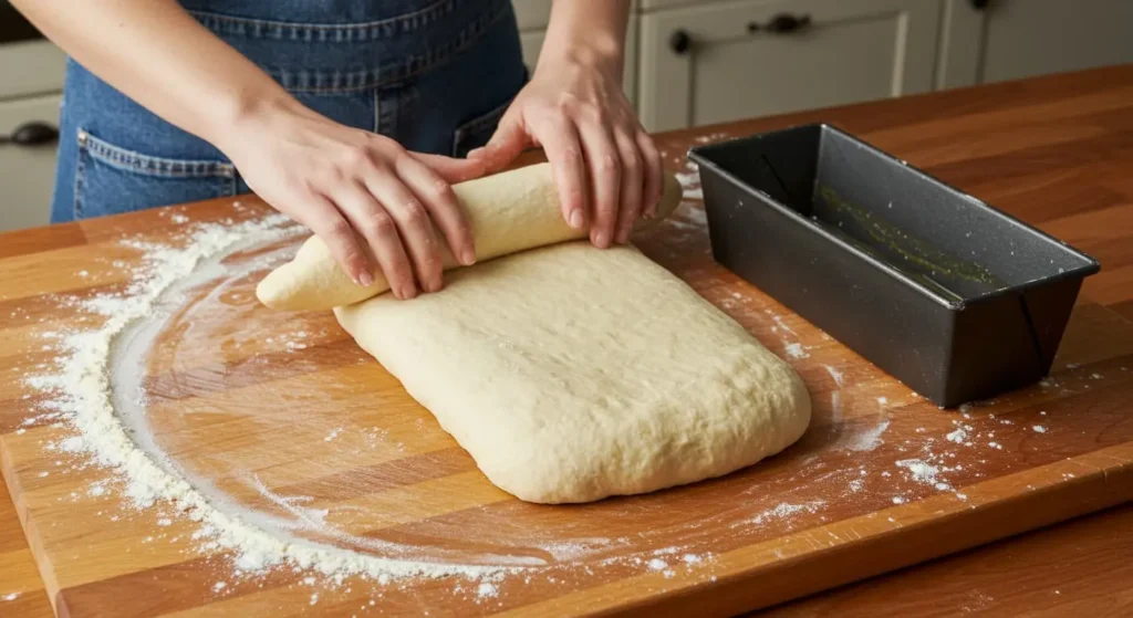 Shaping dough into a loaf for sandwich bread recipe.