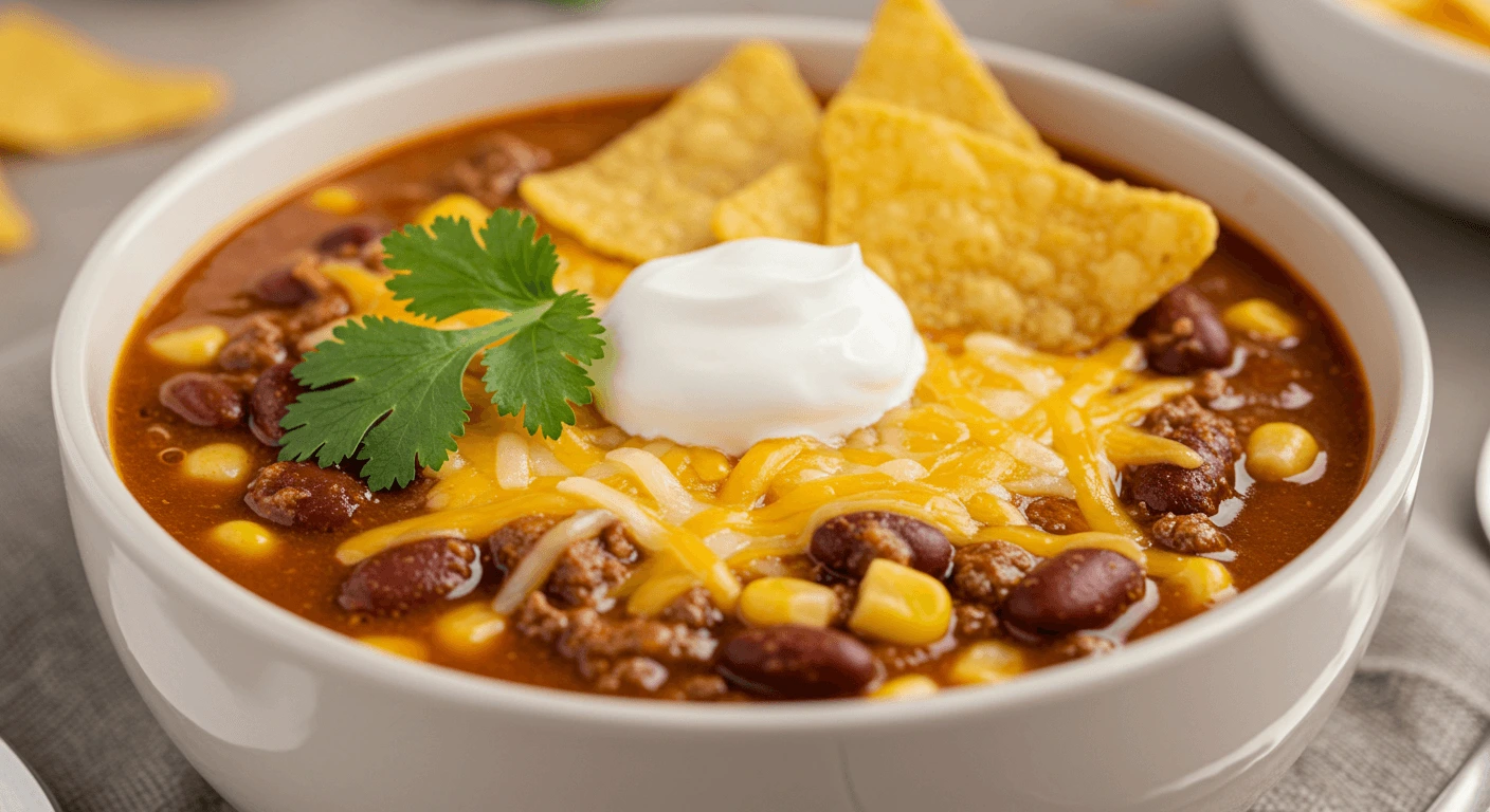 Delicious Taco Soup Frios Recipe – Comforting and Flavorful Bowl topped with Fritos, melted cheese, sour cream, and cilantro