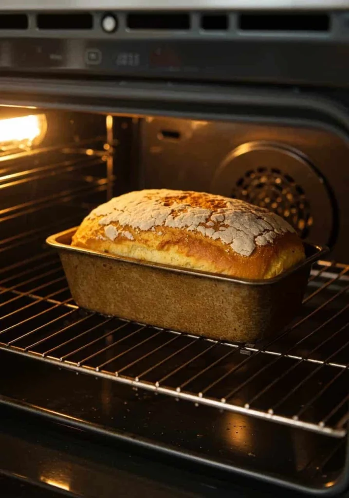 Banana bread recipe baking in oven, top beginning to crack