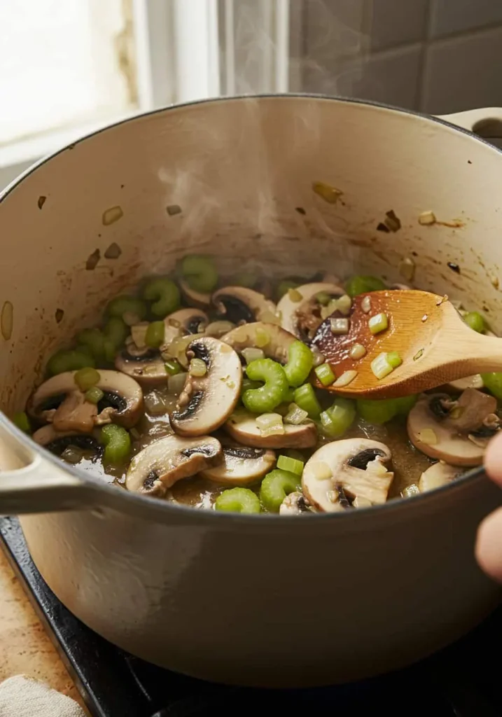 Sliced mushrooms and diced celery cooking in pot for sweet tomatoes mushroom soup recipe.