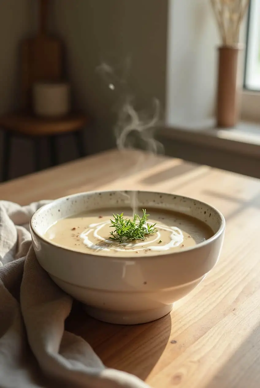 A bowl of creamy sweet tomatoes mushroom soup recipe topped with a swirl of cream and fresh parsley.