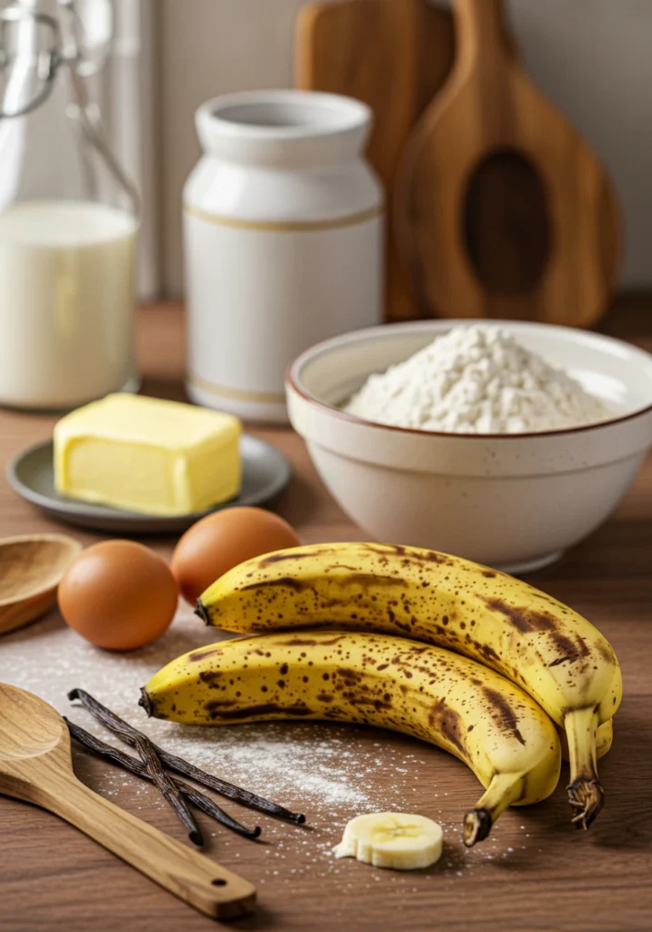 Ingredients laid out for a homemade banana bread recipe
