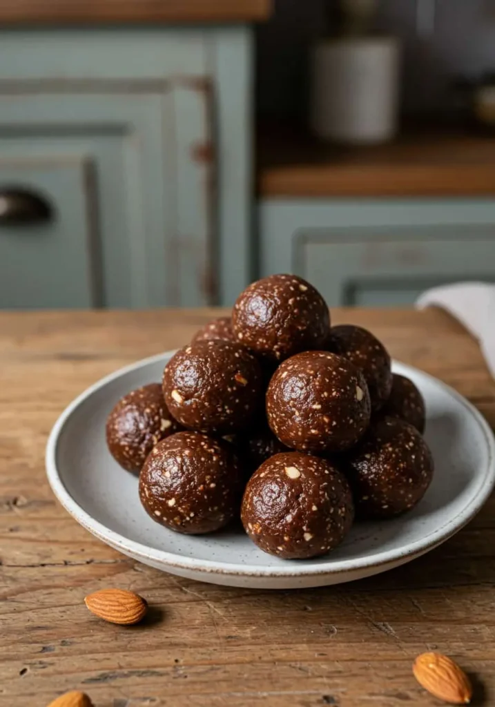 Chocolate almond energy bites on a plate, perfect for gestational diabetes recipes.
