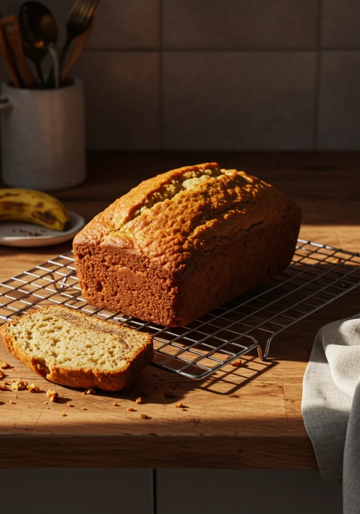 Moist loaf sliced on a wooden board for a banana bread recipe