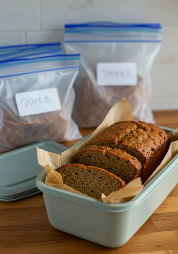 Storing banana bread recipe slices in containers and freezer bags
