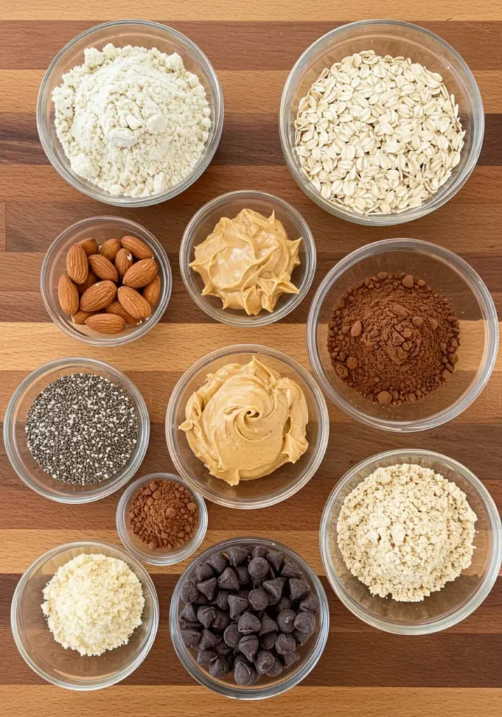 Ingredients for gestational diabetes recipes including almond flour, oats, chia seeds, and cocoa.