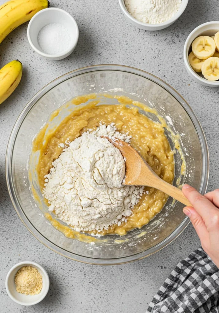 Mixing bowl with flour and banana mixture for banana bread recipe