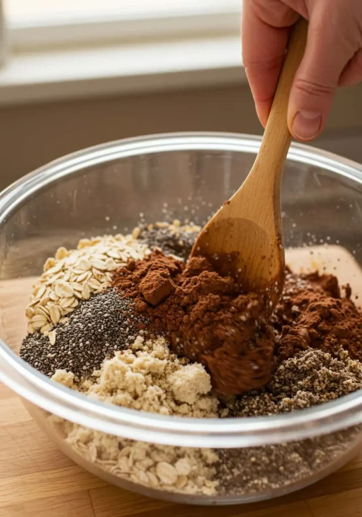 Mixing almond flour, oats, and flaxseed for gestational diabetes recipes.