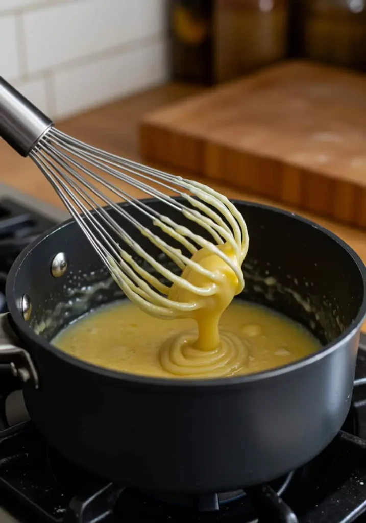 Butter and flour roux being whisked for sweet tomatoes mushroom soup recipe.