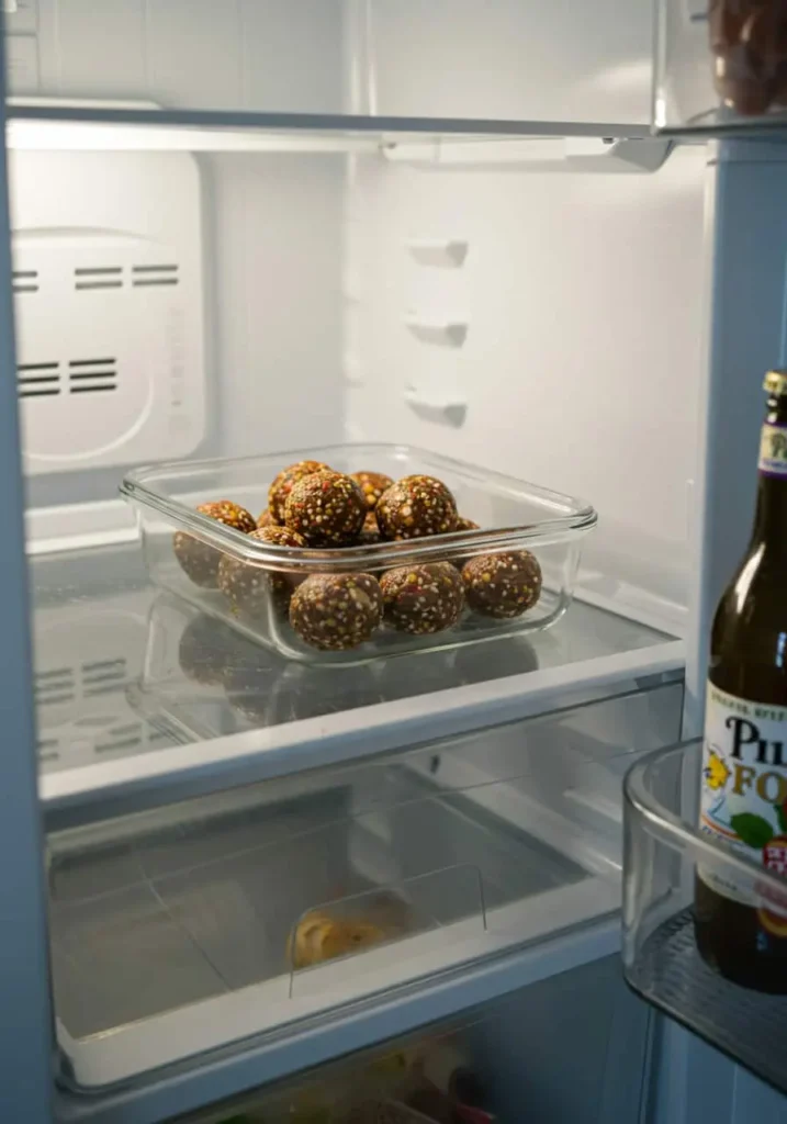 No-bake bites being chilled in the fridge as part of gestational diabetes recipes.