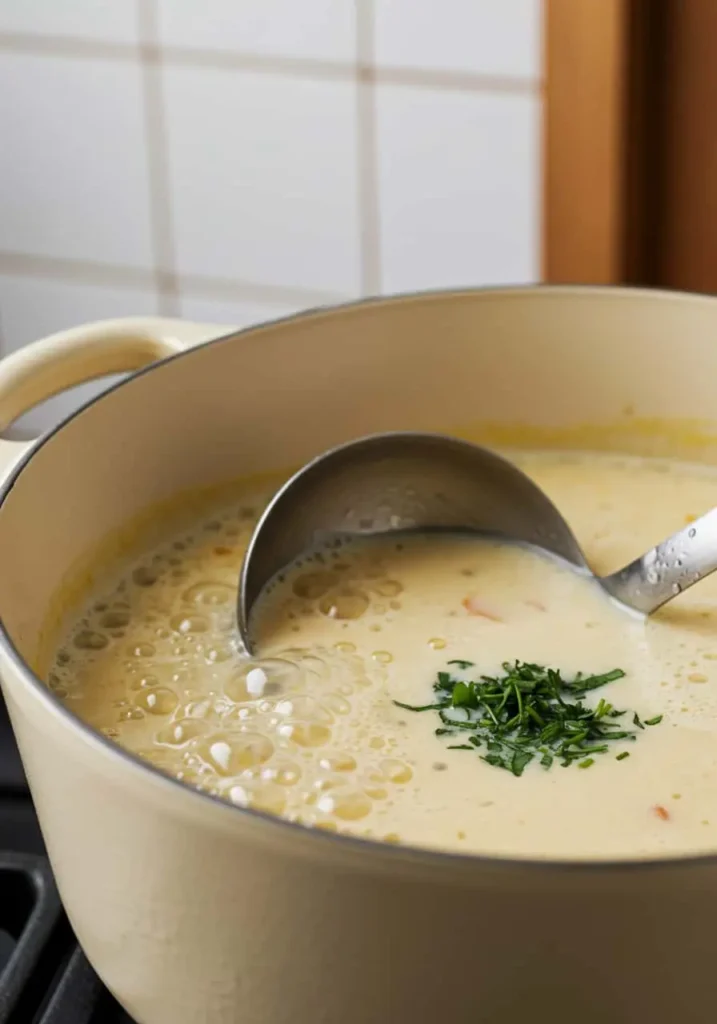 Creamy soup simmering in pot for sweet tomatoes mushroom soup recipe.