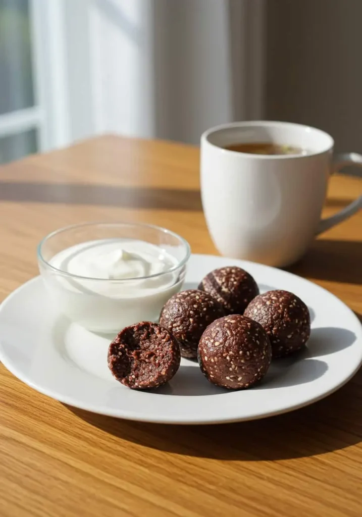 Chocolate energy bites served with yogurt and tea, ideal for gestational diabetes recipes.