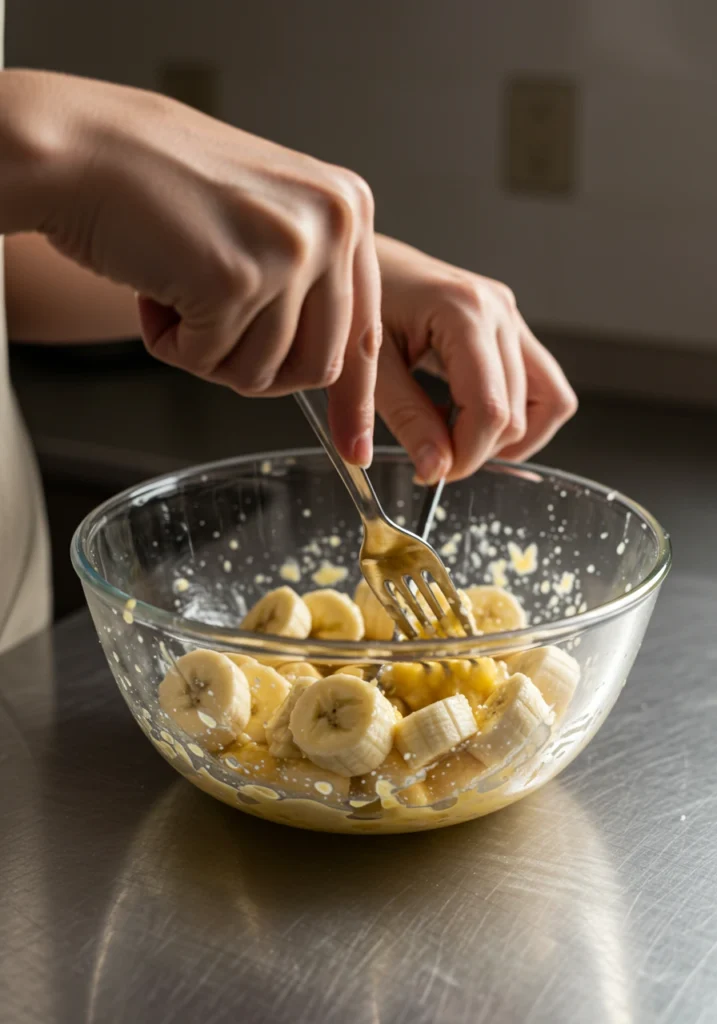 Mashing ripe bananas for a banana bread recipe