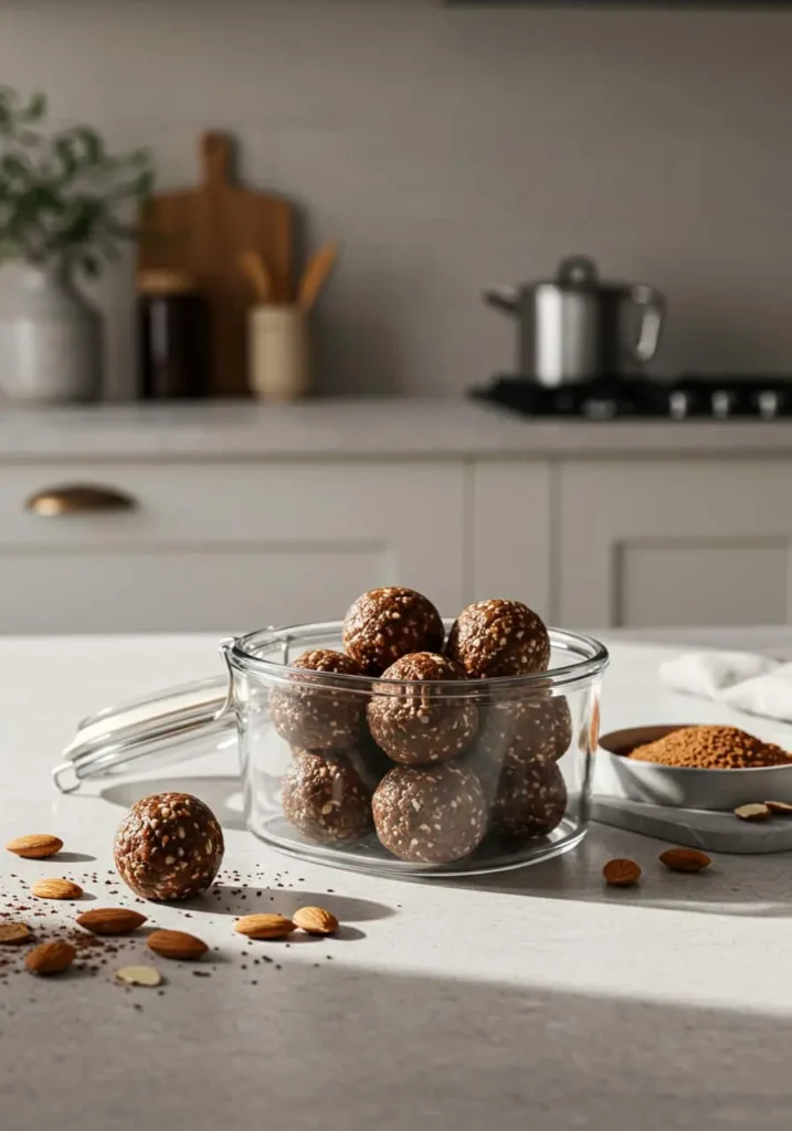Stored energy bites in a glass container for weekly gestational diabetes recipes.