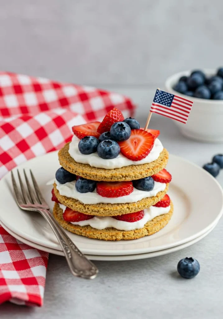 Almond flour shortcakes layered with coconut cream and berries — a gluten-free Red White and Blue Dessert option.