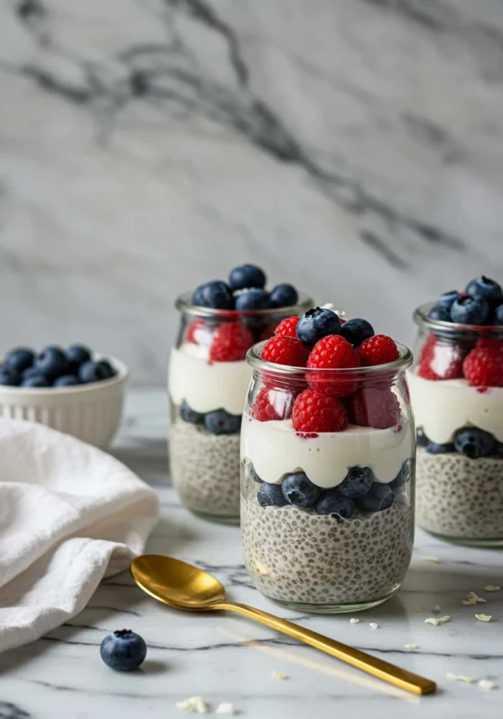 Glass jars filled with Red White and Blue Desserts made from chia pudding, coconut cream, and fresh berries.