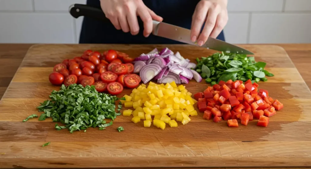 Chopped vegetables like tomatoes, onions, and peppers prepped for Italian Pasta Salad.