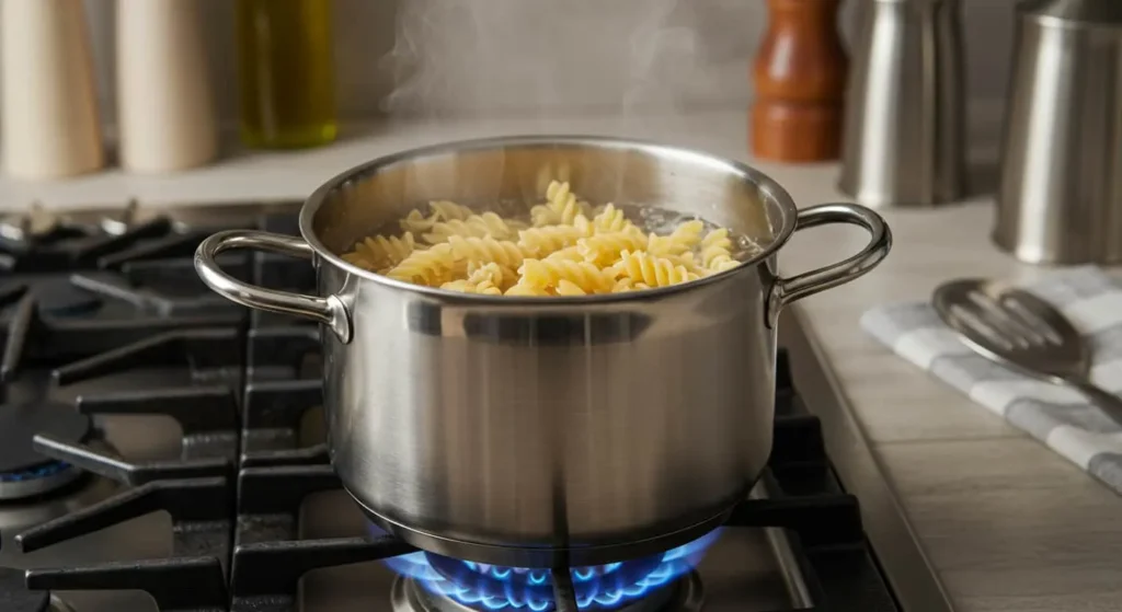 Pasta boiling in salted water, the first cooking step for Italian Pasta Salad.