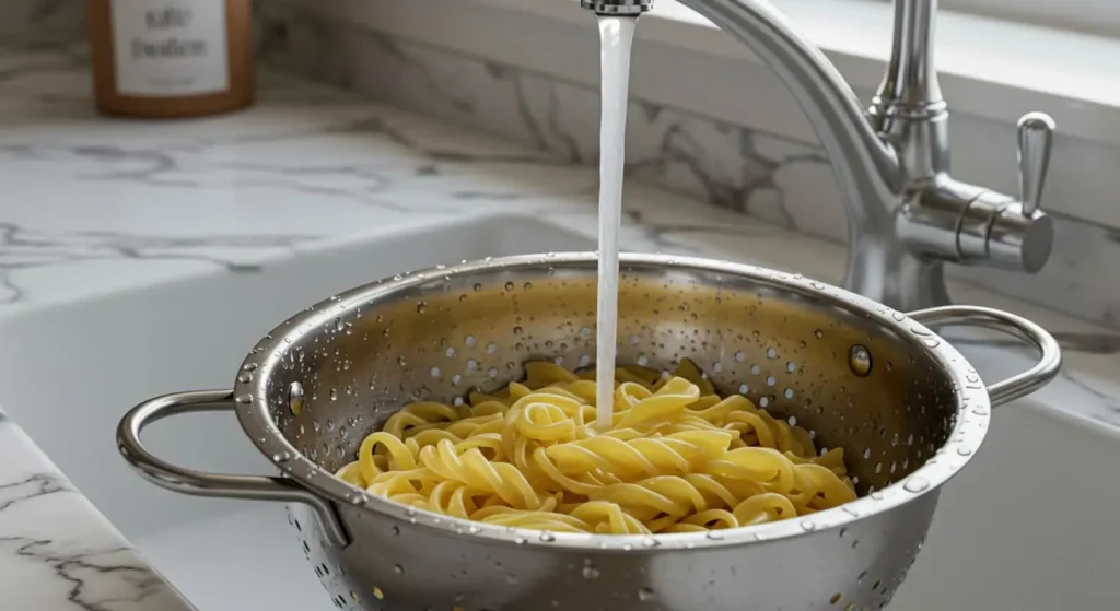 Pasta being rinsed under cold water to cool it quickly for Italian Pasta Salad.