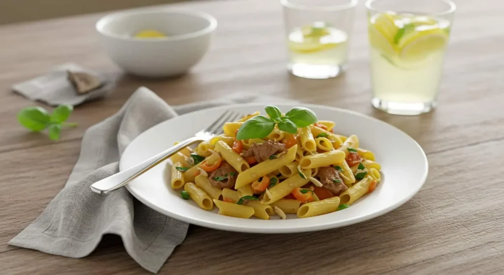 A plated serving of Italian Pasta Salad garnished with basil, ready to eat.