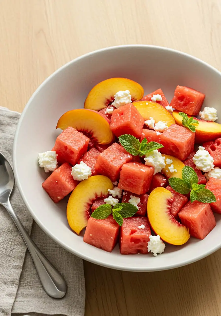 Overhead view of a vibrant Watermelon Salad with peaches, mint, and feta in a white bowl