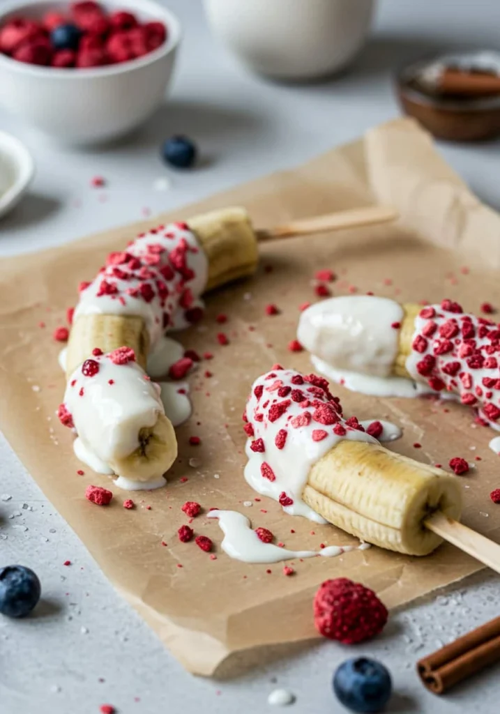 Frozen banana pops dipped in yogurt and topped with red and blue berry dust — a frozen twist on Red White and Blue Desserts.