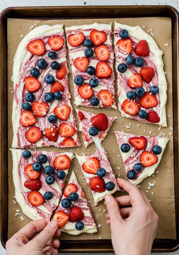 Greek yogurt bark with swirls of berry puree and fresh fruit — a no-bake Red White and Blue Dessert.
