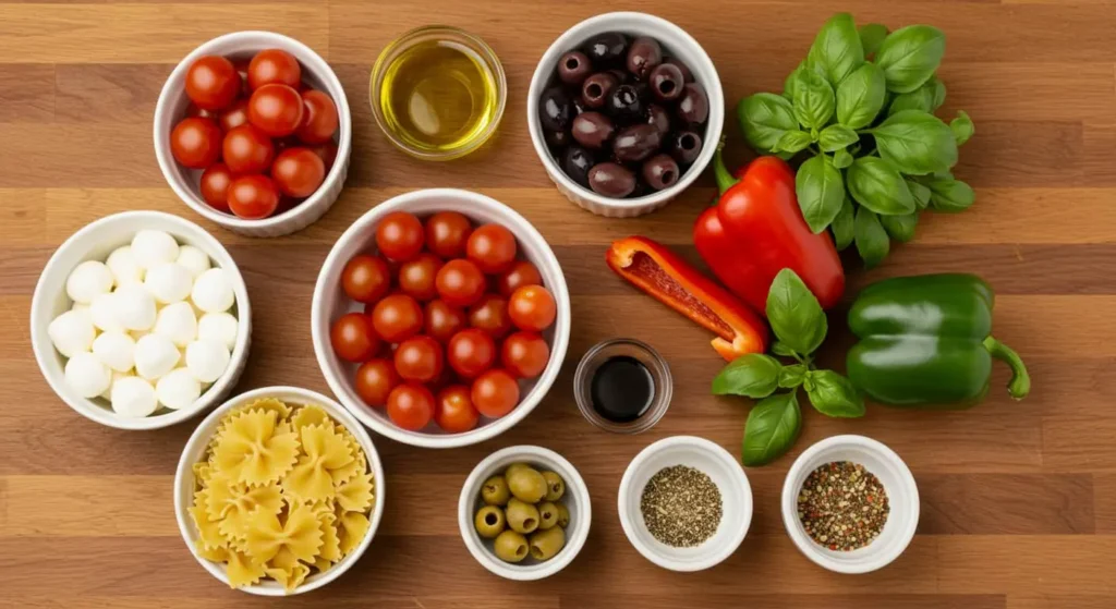 Fresh ingredients laid out for an Italian Pasta Salad, including tomatoes, mozzarella, olives, and herbs.