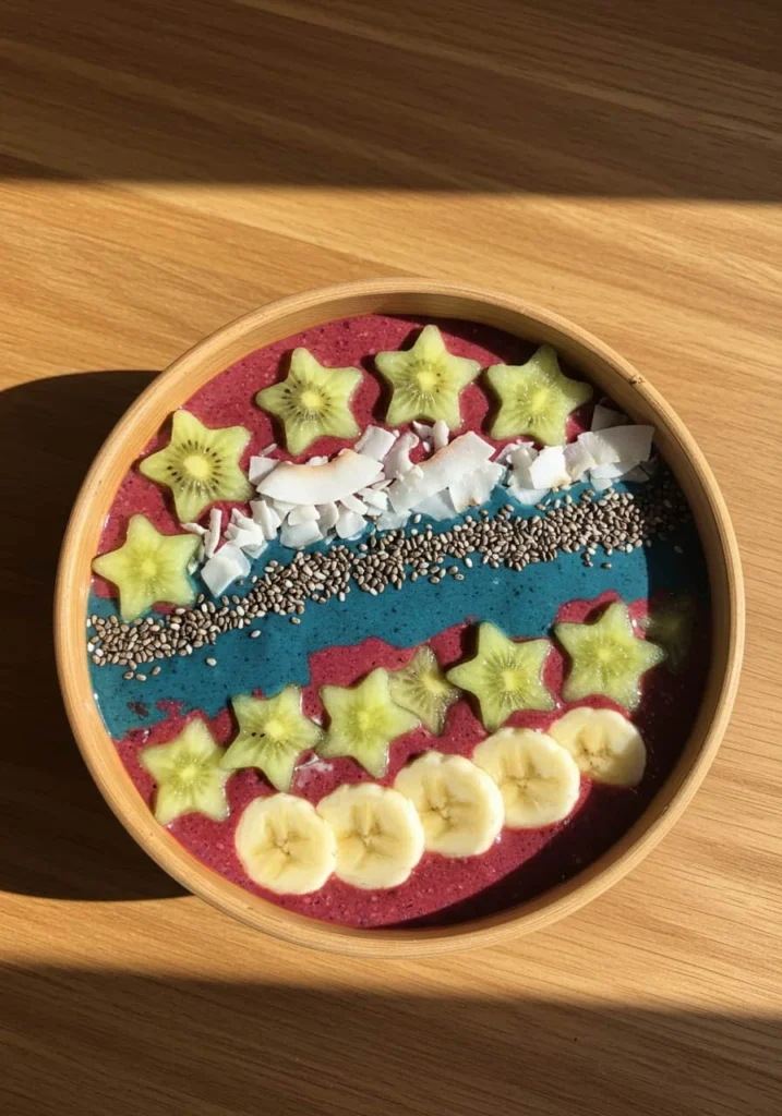 Smoothie bowl layered in red, white, and blue using superfoods and fruit — a spoonable Red White and Blue Dessert.