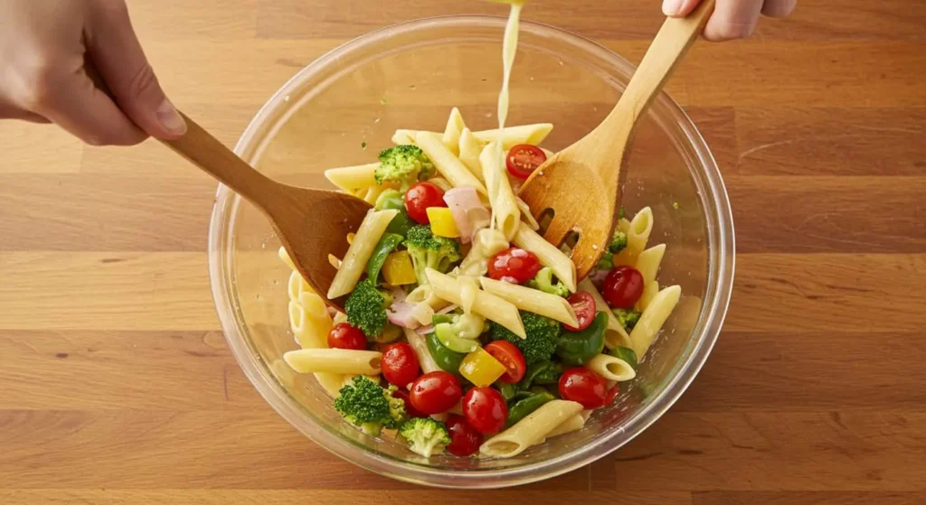 Italian Pasta Salad being mixed in a large bowl with dressing and vegetables.