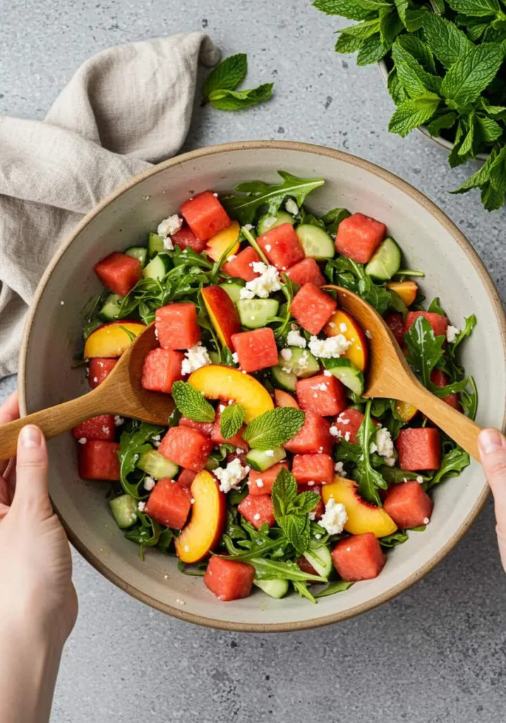 Hands gently tossing a fresh Watermelon Salad with peaches, cucumber, mint, and feta