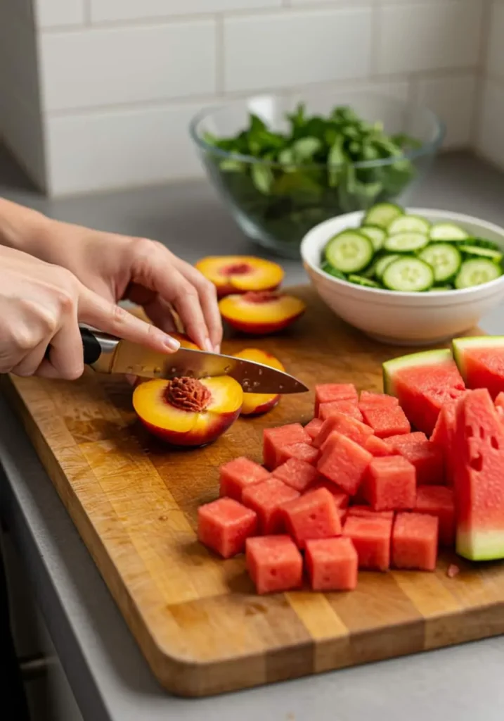 Slicing peaches and cubing watermelon for a Watermelon Salad