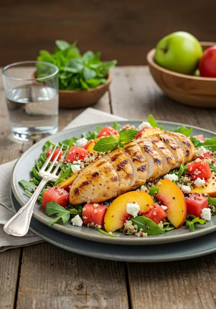 Hearty Watermelon Salad served with grilled chicken and quinoa on a dinner plate