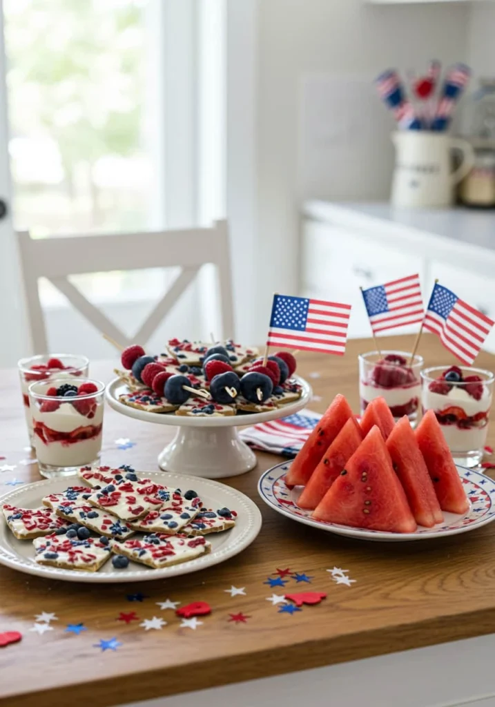A vibrant display of Red White and Blue Desserts arranged on a rustic wooden table for a 4th of July celebration.