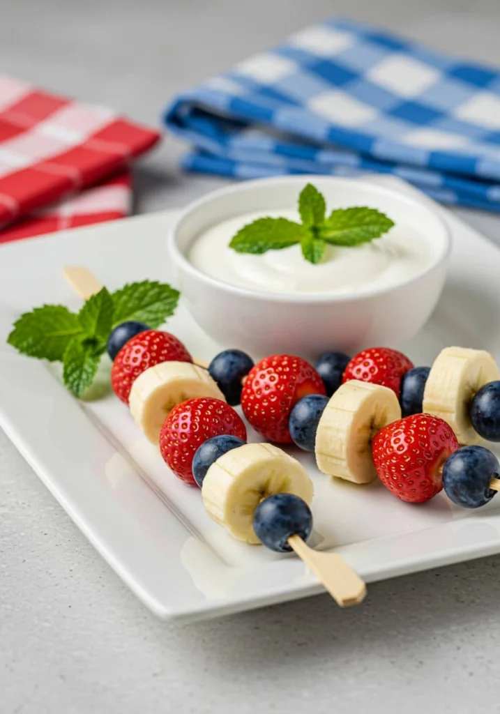 Fresh fruit skewers with strawberries, blueberries, and bananas served with creamy yogurt dip — a classic Red White and Blue Dessert.
