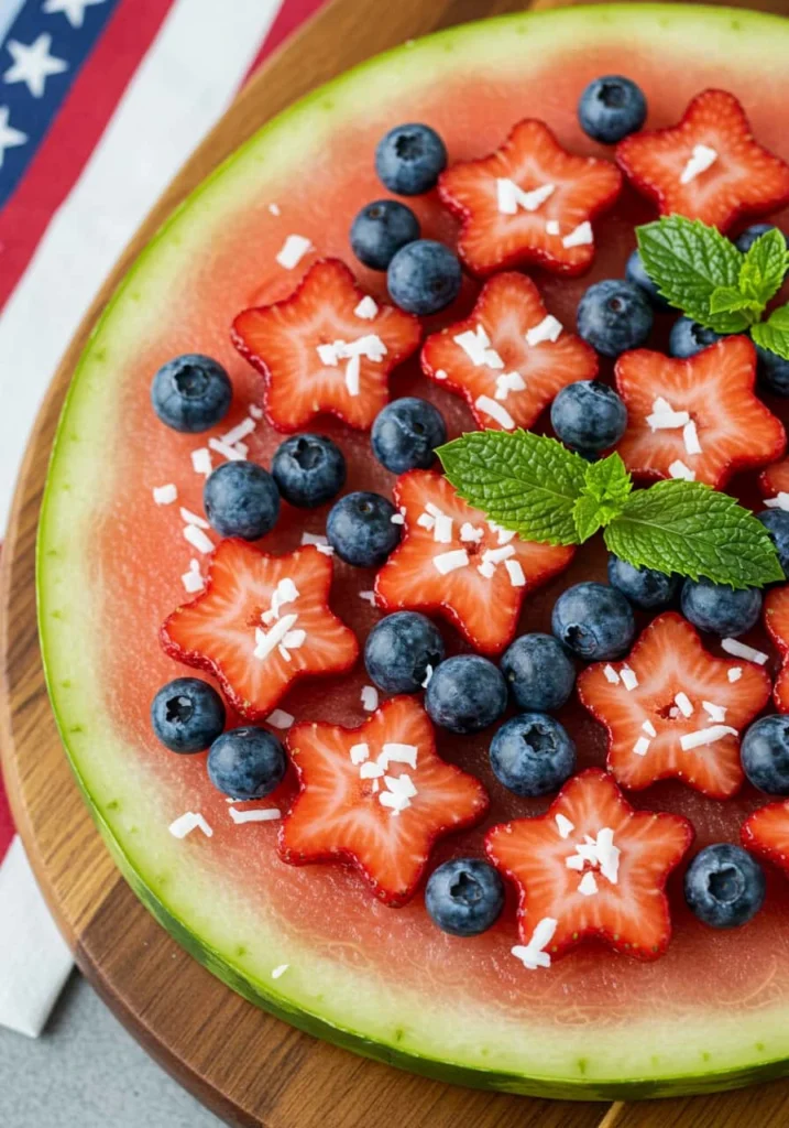 Watermelon slice topped with strawberries, blueberries, and a coconut drizzle to create a refreshing Red White and Blue Dessert.