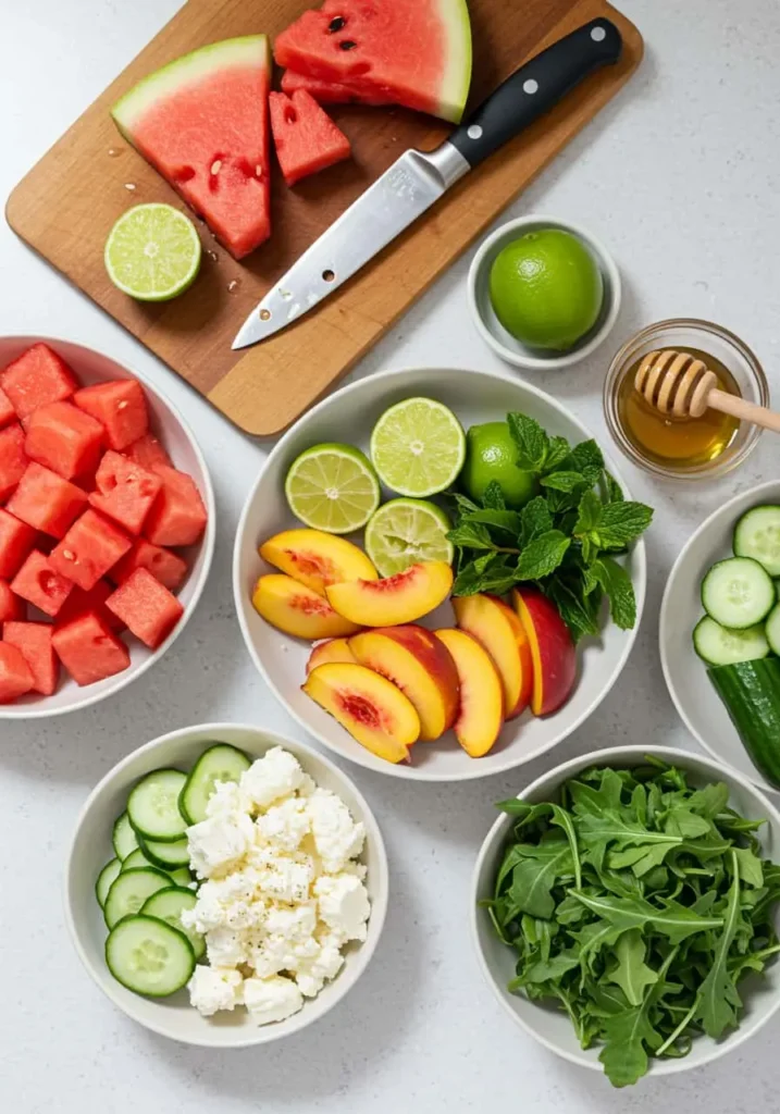 Fresh ingredients for Watermelon Salad laid out on a white countertop